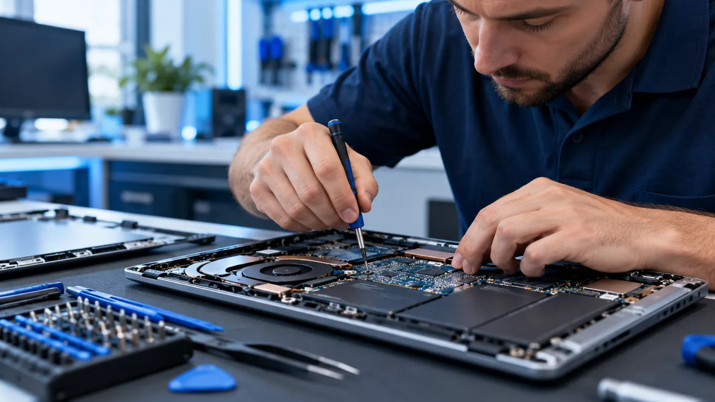 Technician repairing internal components of an open laptop (illustrative image)