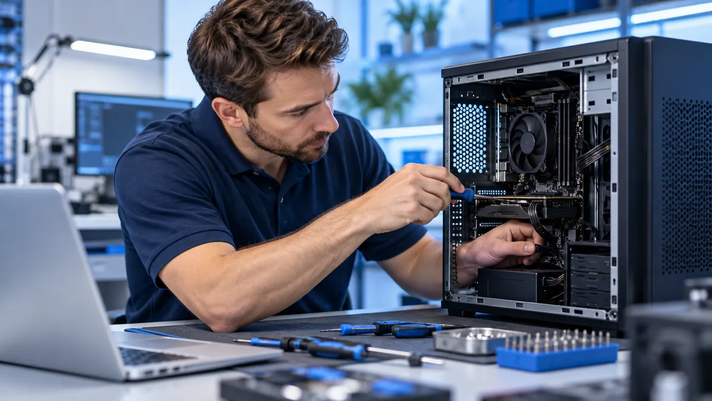 Technician working on desktop computer hardware at a repair bench (illustrative image)