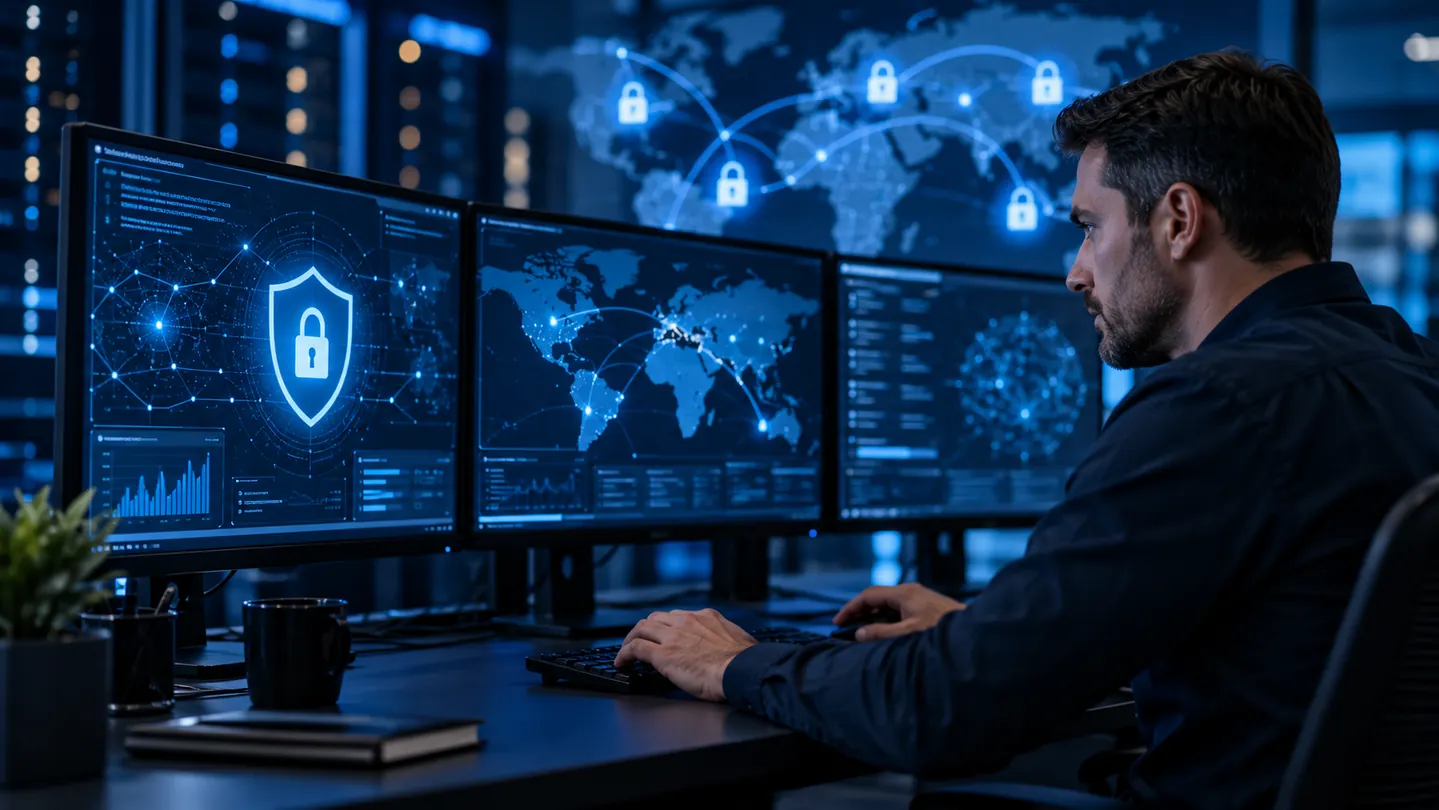 Cybersecurity specialist monitoring computer security systems (illustrative image)